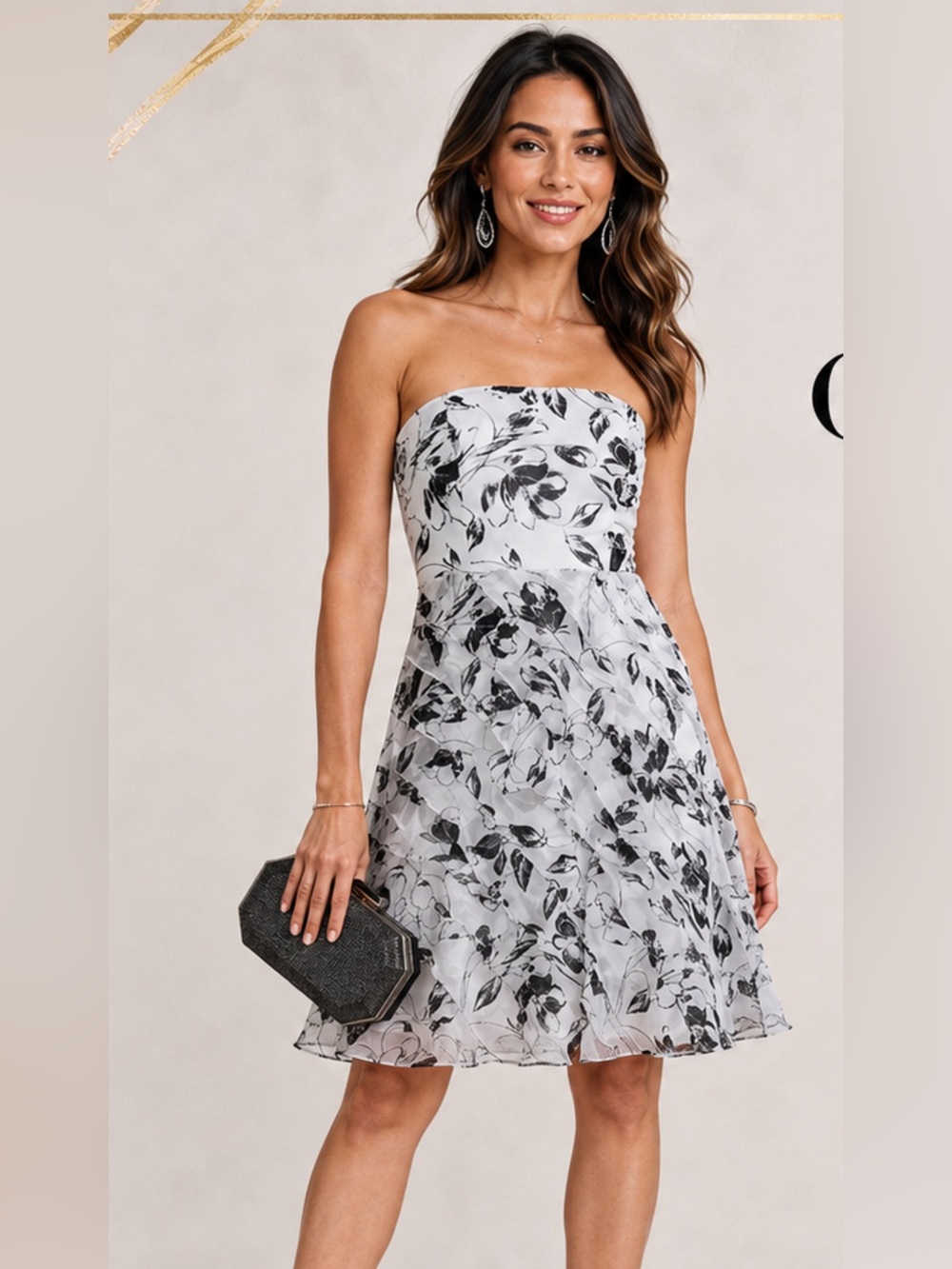White House Black Market Strapless Black White Floral Chiffon Ruffle Dress Sz 8 - Picture 1 of 8